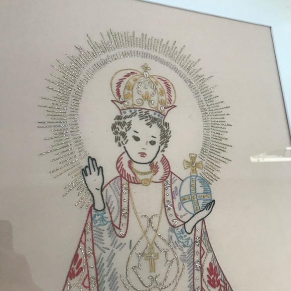 Vintage Embroidered Child of Prague/ Infant Jesus/ Santo Nino - Framed - Picture 6 of 13